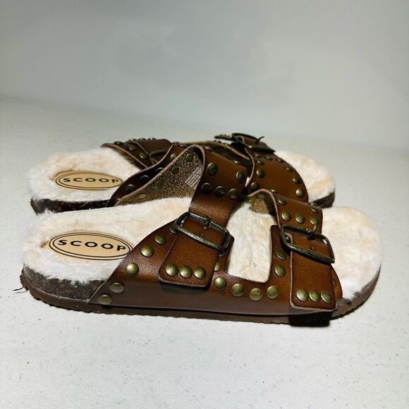 Scoop Women'S Studded Faux Shearling Double Strap Sandals Size 8 5 - Picture 2 of 8
